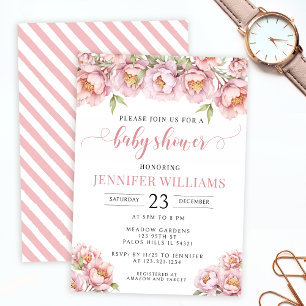 Pink watercolor floral baby girl shower invitation