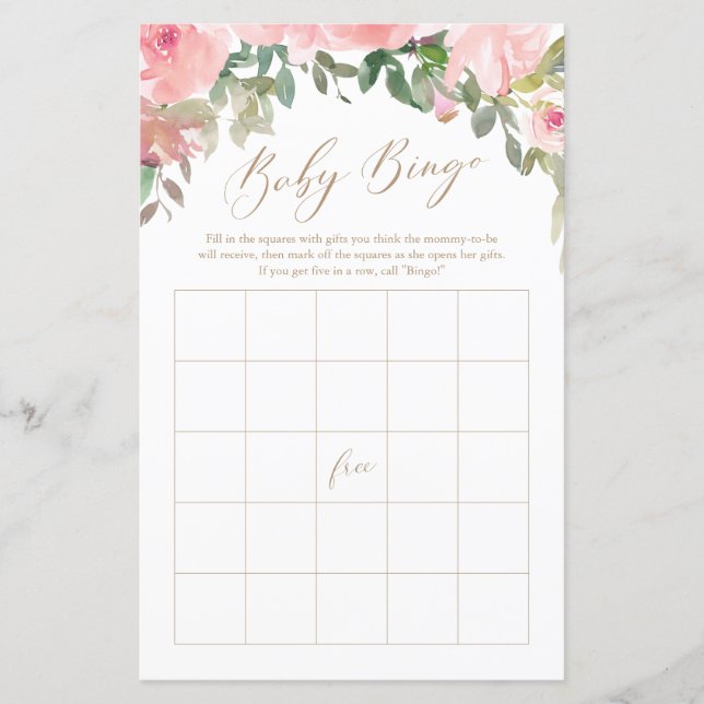 Pink Watercolor Floral Baby Shower Bingo Game (Front)