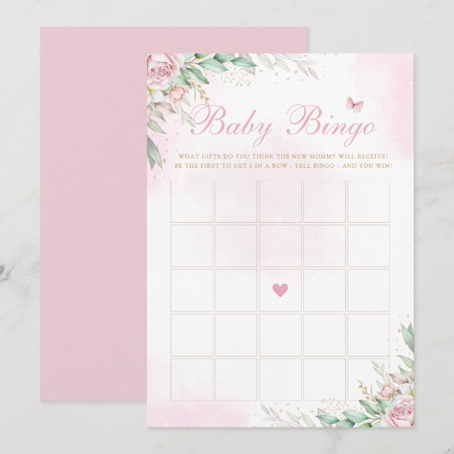 Pink Watercolor Floral Baby Shower Bingo Game Invitation (Front/Back)