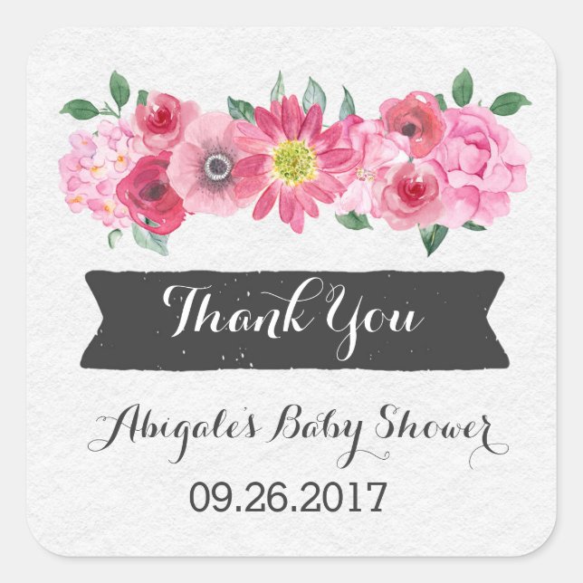 Pink Watercolor Floral Baby Shower Favour Sticker (Front)