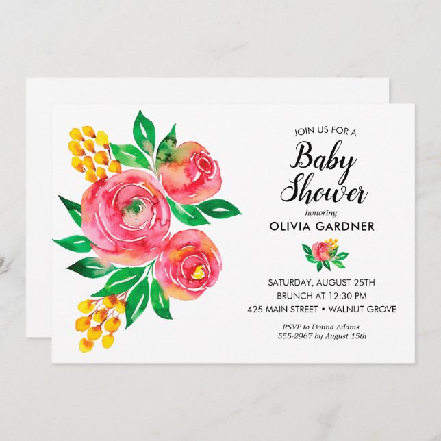 Pink Watercolor Floral Baby Shower Invitations (Front/Back)