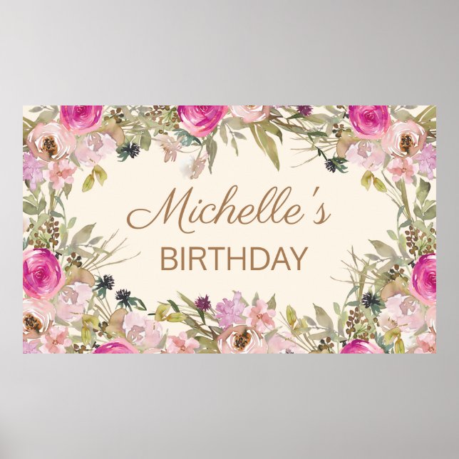 Pink Watercolor Floral Birthday Name Poster (Front)