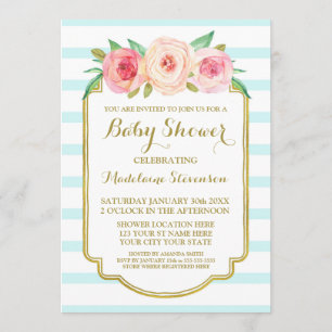 Pink Watercolor Floral Blue Stripes Baby Shower Invitation