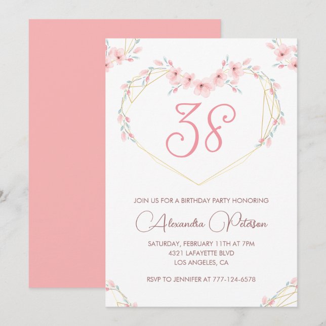 Pink Watercolor Floral Boho 38th birthday  Invitation (Front/Back)