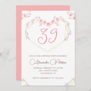 Pink Watercolor Floral Boho 39th birthday Invitation