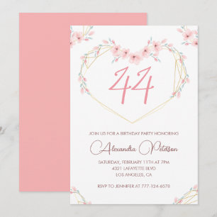 Pink Watercolor Floral Boho 44th birthday Invitation