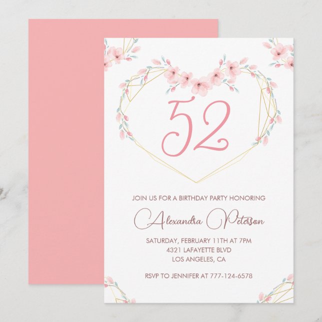 Pink Watercolor Floral Boho 52nd birthday  Invitation (Front/Back)
