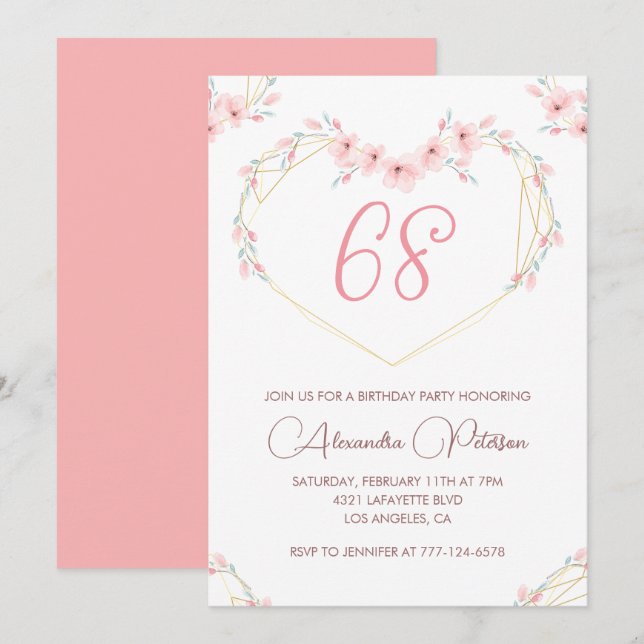 Pink Watercolor Floral Boho 68th birthday  Invitation (Front/Back)