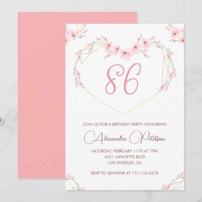 Pink Watercolor Floral Boho 86th birthday  Invitation (Front/Back)