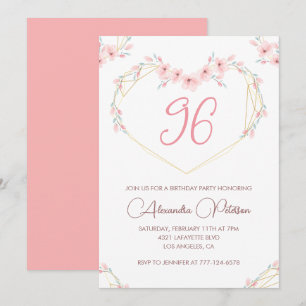 Pink Watercolor Floral Boho 96th birthday Invitation