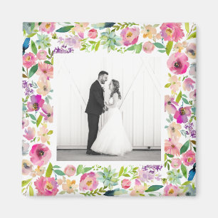 Pink Watercolor Floral Border Wedding Photo Magnet