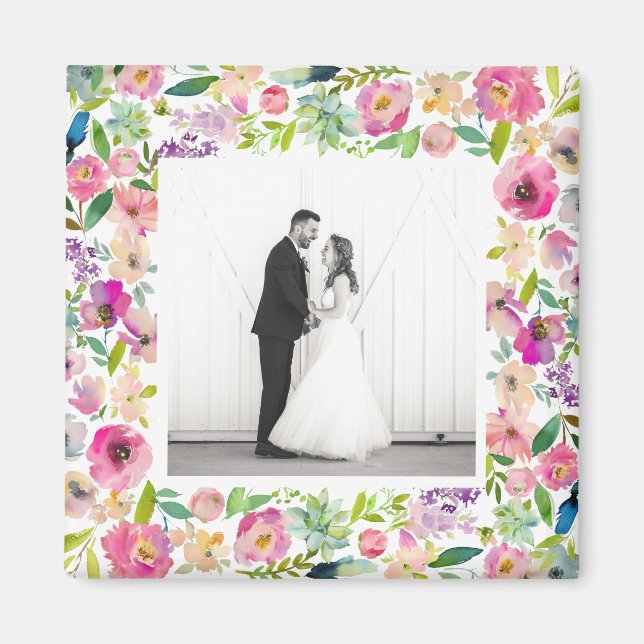 Pink Watercolor Floral Border Wedding Photo Magnet (Front)