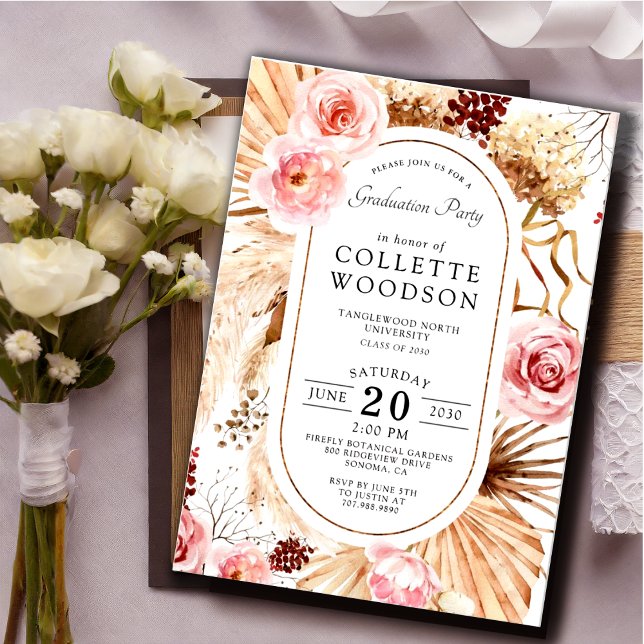 Pink Watercolor Floral Botanical Graduation Party  Invitation (Creator Uploaded)