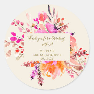 Pink Watercolor Floral Bouquet Bridal Shower Classic Round Sticker
