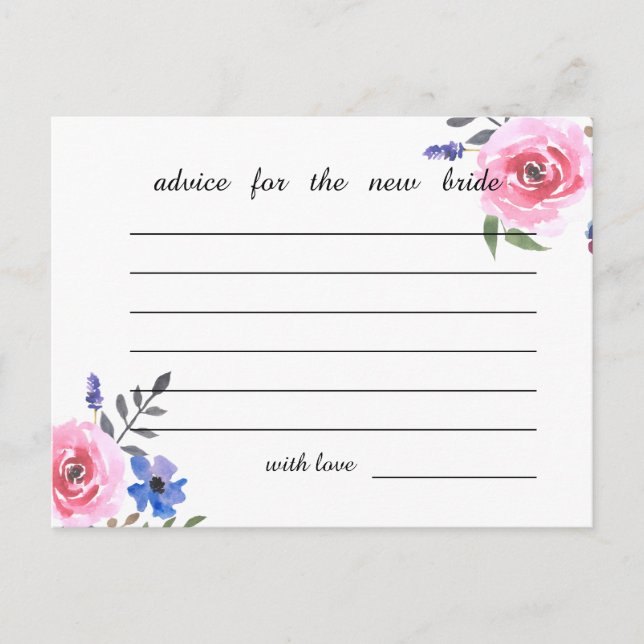 Pink Watercolor Floral Bridal Shower Advice Card (Front)