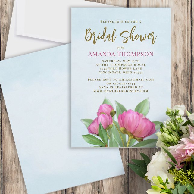 Pink Watercolor Floral Bridal Shower Invitation (Pretty pink peonies bridal shower invitations.)