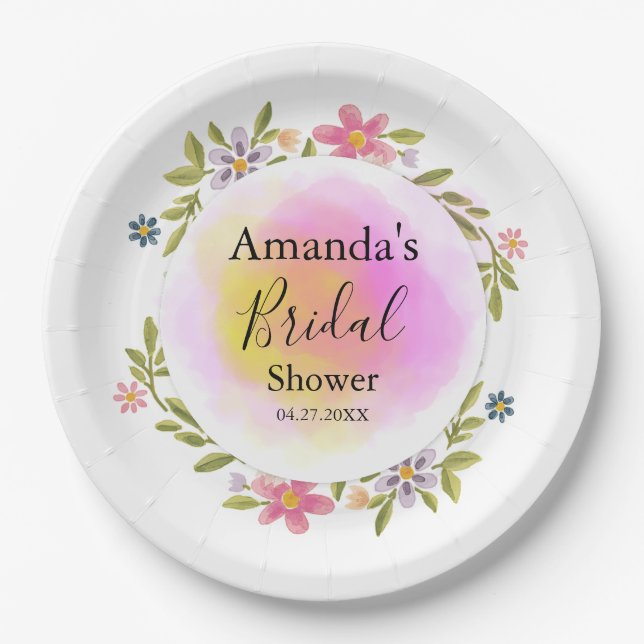 Pink Watercolor Floral Bridal Shower Paper Plate (Front)