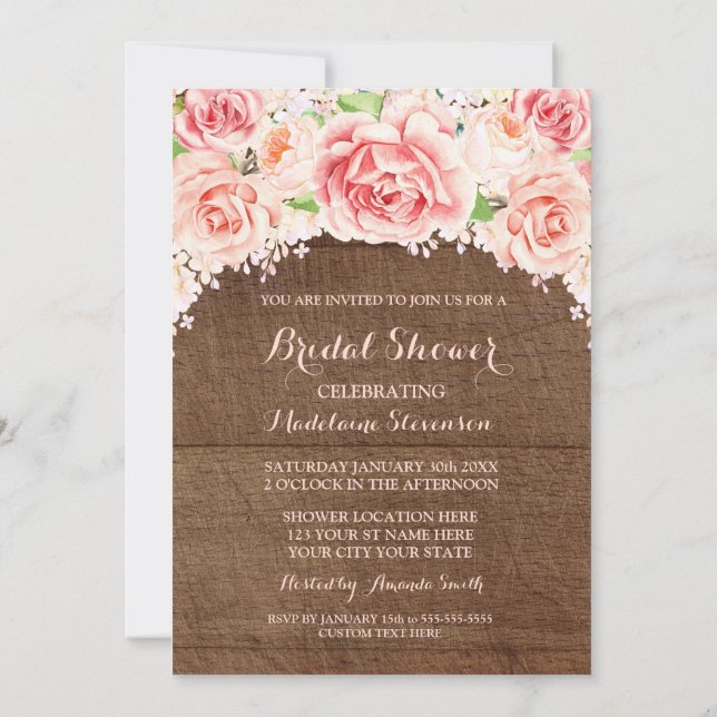 Pink Watercolor Floral Brown Wood Bridal Shower Invitation (Back)