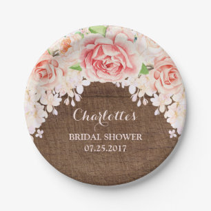 Pink Watercolor Floral Brown Wood Bridal Shower Paper Plate