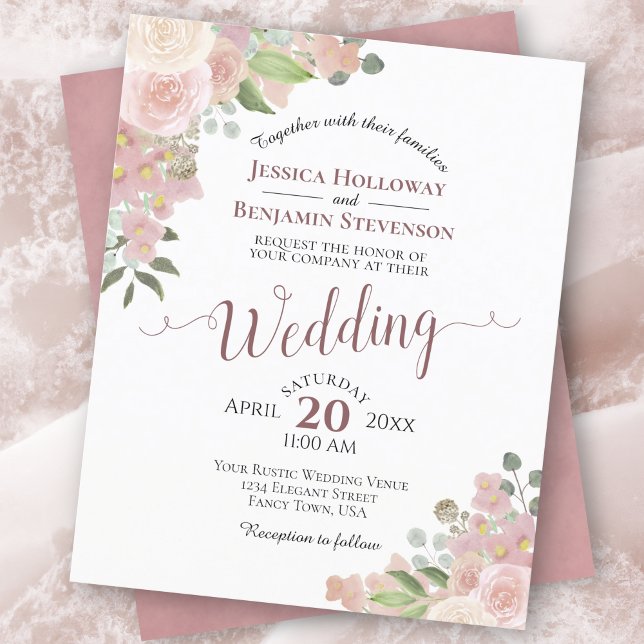 Pink Watercolor Floral Budget Wedding Invitation (Creator Uploaded)