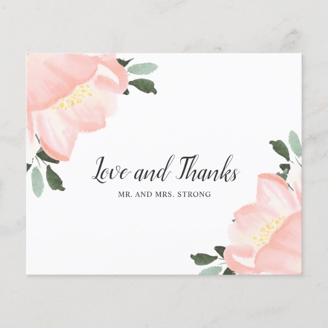Pink Watercolor Floral Budget Wedding Thank You (Front)