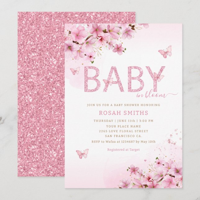 Pink Watercolor Floral Butterfly Girl Baby Shower  Invitation (Front/Back)