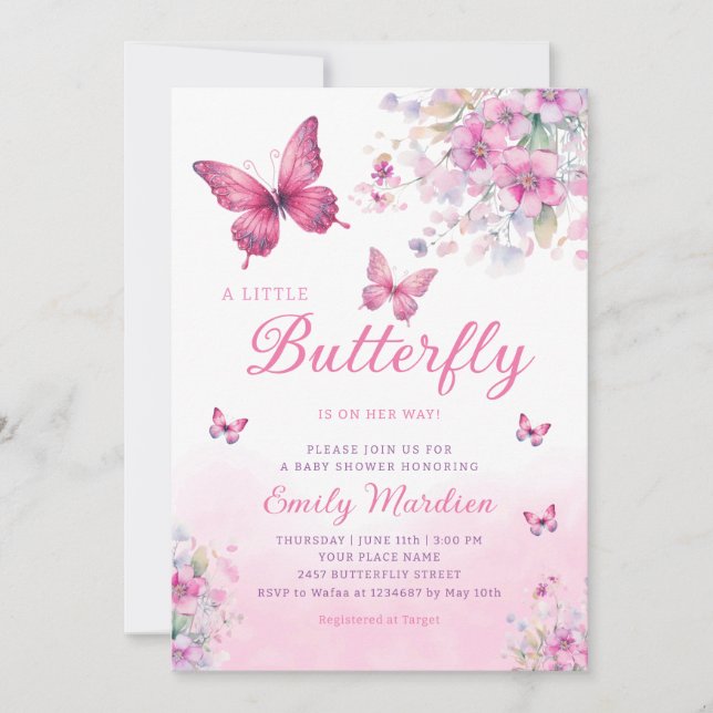 Pink Watercolor Floral Butterfly Girl Baby Shower  Invitation (Front)