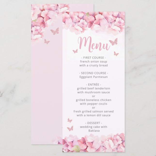 Pink Watercolor Floral Butterfly Girl Baby Shower Menu (Front/Back)
