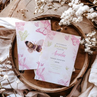 Pink Watercolor Floral Butterfly Photo Baptism 