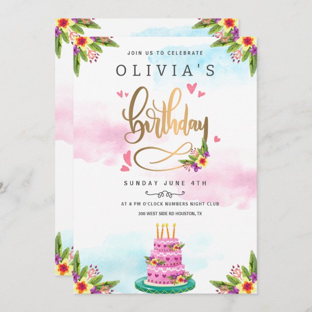 Pink Watercolor Floral Cake Birthday  Invitation (Front/Back)