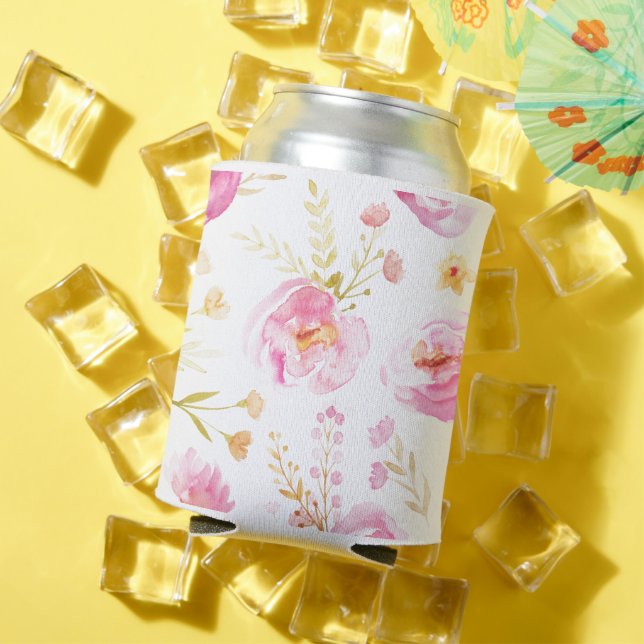 Pink Watercolor Floral Can Cooler (In Situ Summer)