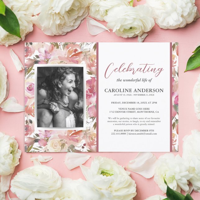 Pink Watercolor Floral Celebration of Life Funeral Invitation (Creator Uploaded)