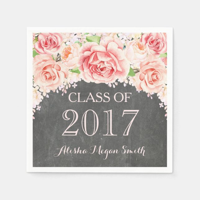 Pink Watercolor Floral Chalkboard 2017 Graduation Napkin (Front)