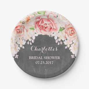 Pink Watercolor Floral Chalkboard Bridal Shower Paper Plate