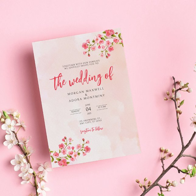 Pink Watercolor Floral Cherry Blossom Wedding  Invitation (Creator Uploaded)
