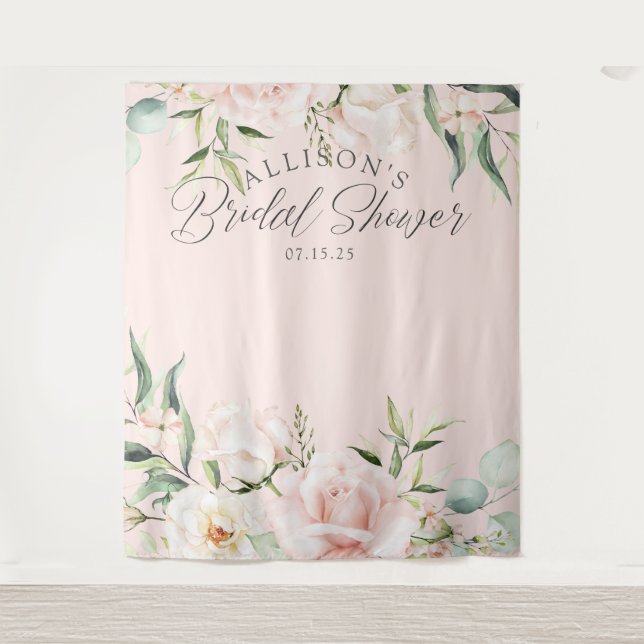 pink watercolor floral chic bridal shower backdrop tapestry (Front)