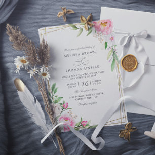 Pink Watercolor Floral Chic Budget QR Code Wedding Invitation