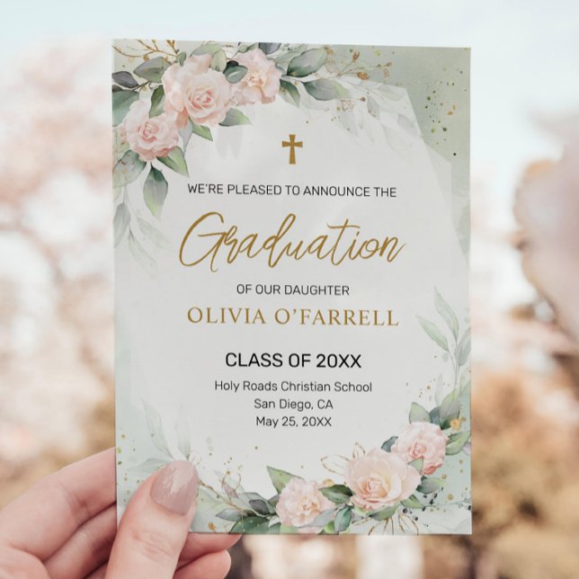 Pink Watercolor Floral Christian School Graduation Invitation (Creator Uploaded)