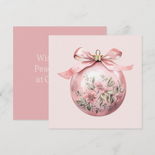 Pink Watercolor Floral Christmas Ornament Holiday Card (Front/Back)