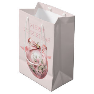 Pink Watercolor Floral Christmas Ornament Medium Gift Bag