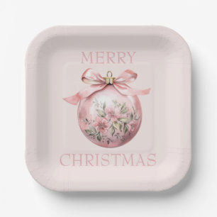 Pink Watercolor Floral Christmas Ornament Paper Plate