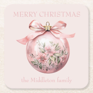 Pink Watercolor Floral Christmas Ornament Square Paper Coaster