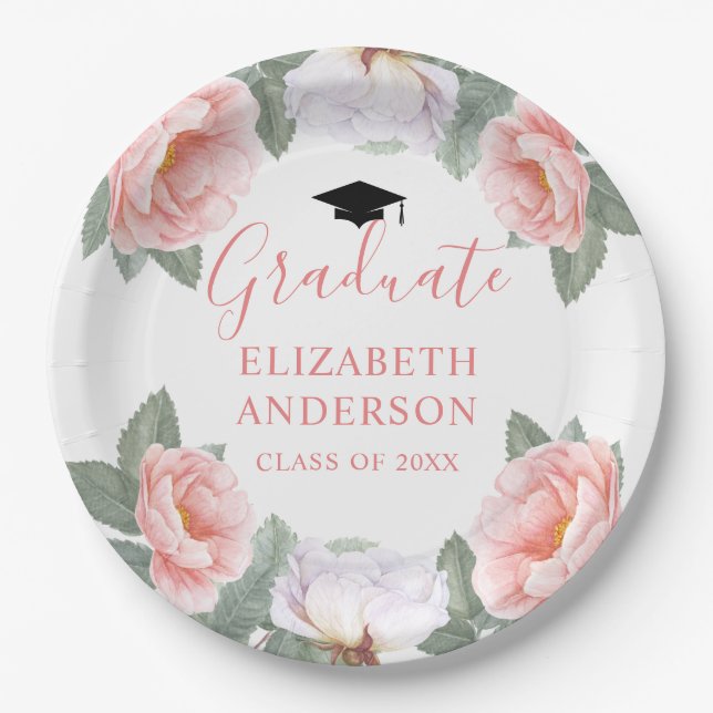 Pink Watercolor Floral Class of Party Paper Plate (Front)