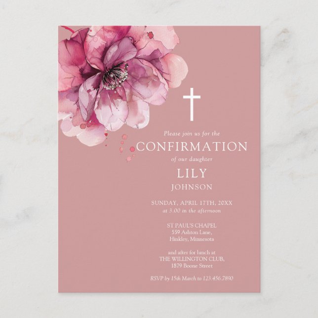 Pink Watercolor Floral Confirmation Invitation Postcard (Front)