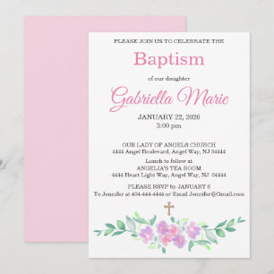 Pink Watercolor Floral Cross Baptism Invitation