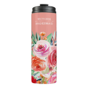 Pink Watercolor Floral Custom Bridesmaid Name Thermal Tumbler