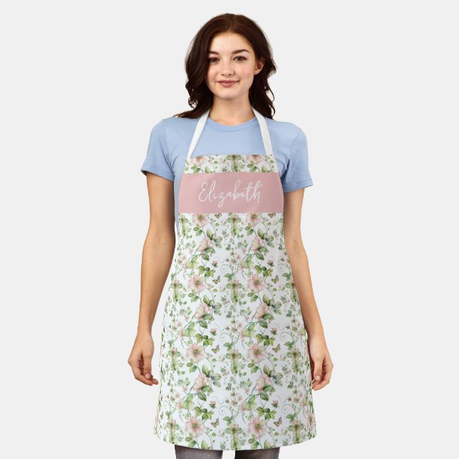 Pink Watercolor Floral Custom Name Apron (Worn)