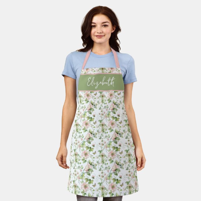 Pink Watercolor Floral Custom Name Apron (Worn)