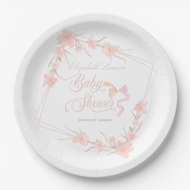 Pink Watercolor Floral Elegant Baby Shower Paper Plate (Front)