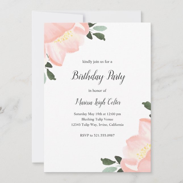 Pink Watercolor Floral Elegant Birthday Party Invitation (Front)